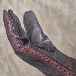 HUGO BOSS Brown Leather Mens Gloves L Perforated Stripe Wool Knit Lining